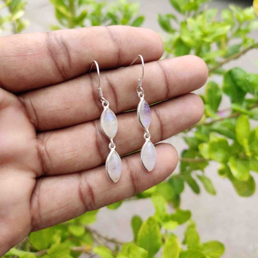 925 Sterling Silver Full Flash Rainbow Moonstone Marquise Shape Earring