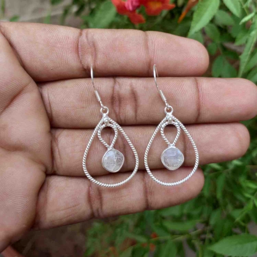 Cushion Shape Faceted Rainbow Moonstone Twisted Wire Earring For Gift