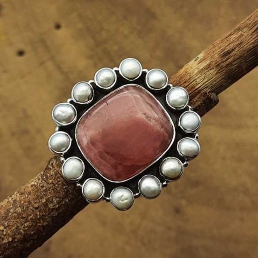 925 Sterling Silver Rhodochrosite And Pearl Gemstone Handmade Bohemian Party Wear Ring