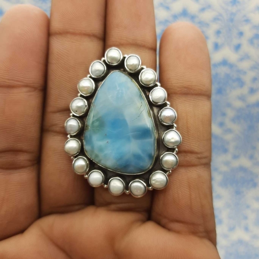 Drop & Round Shape Chunky Stone Larimar & Pearl 925 Sterling Silver Ring
