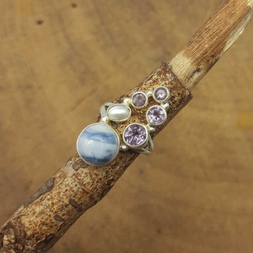 Amethyst , Pearl , Blue Lace Agate Gemstone 925 Sterling Silver Multi Stone Ring