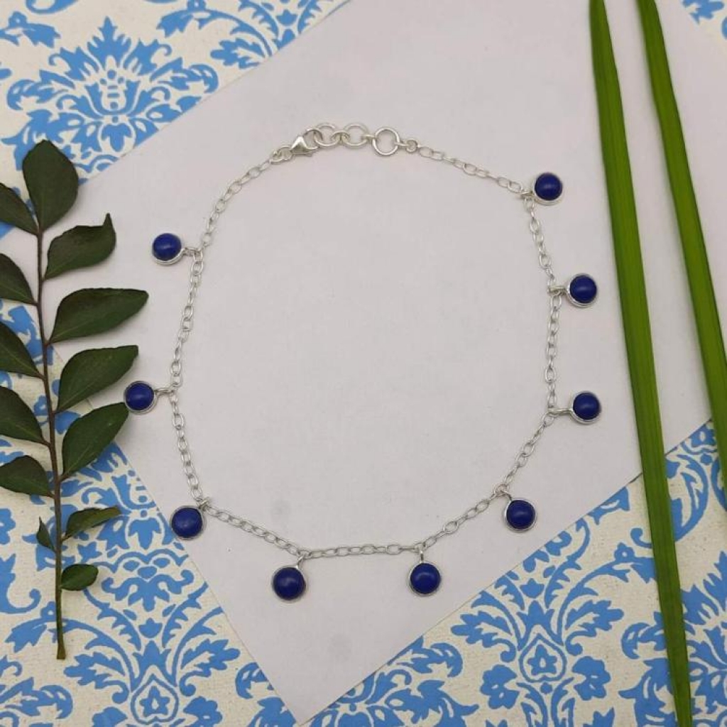 Lapis Lazuli Gemstone Designer 925 Sterling Silver Chain Designer Fine Women's Bracelet