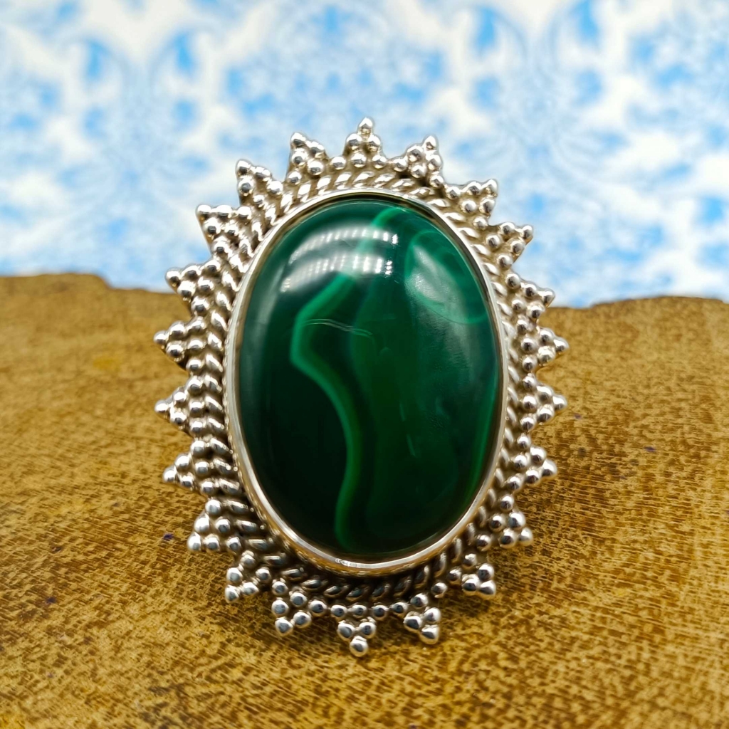Malachite Gemstone 925 Sterling Silver Bohemian Nepali Work Ring