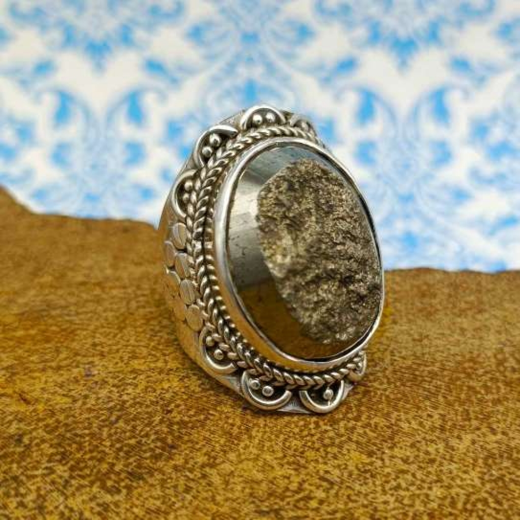 Oval Shape Pyrite Gemstone 925 Sterling Silver Bohemian Band Ring