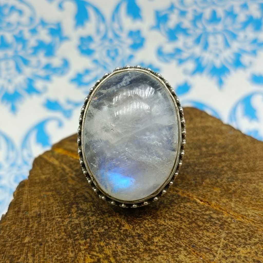 Rainbow Moonstone Gemstone 925 Silver Boho Unique Design Work Ring