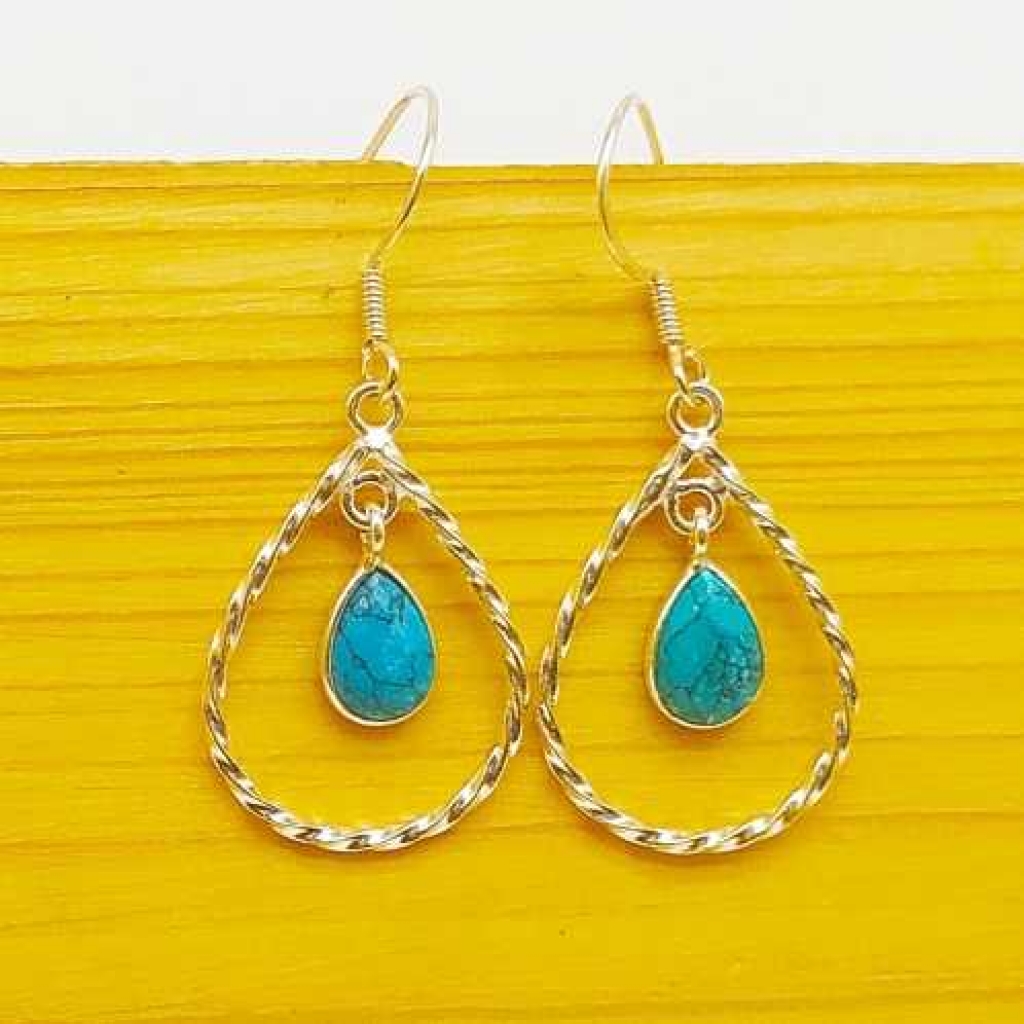925 Sterling Silver  Turquoise Drop Shape Gemstone Boho Earring