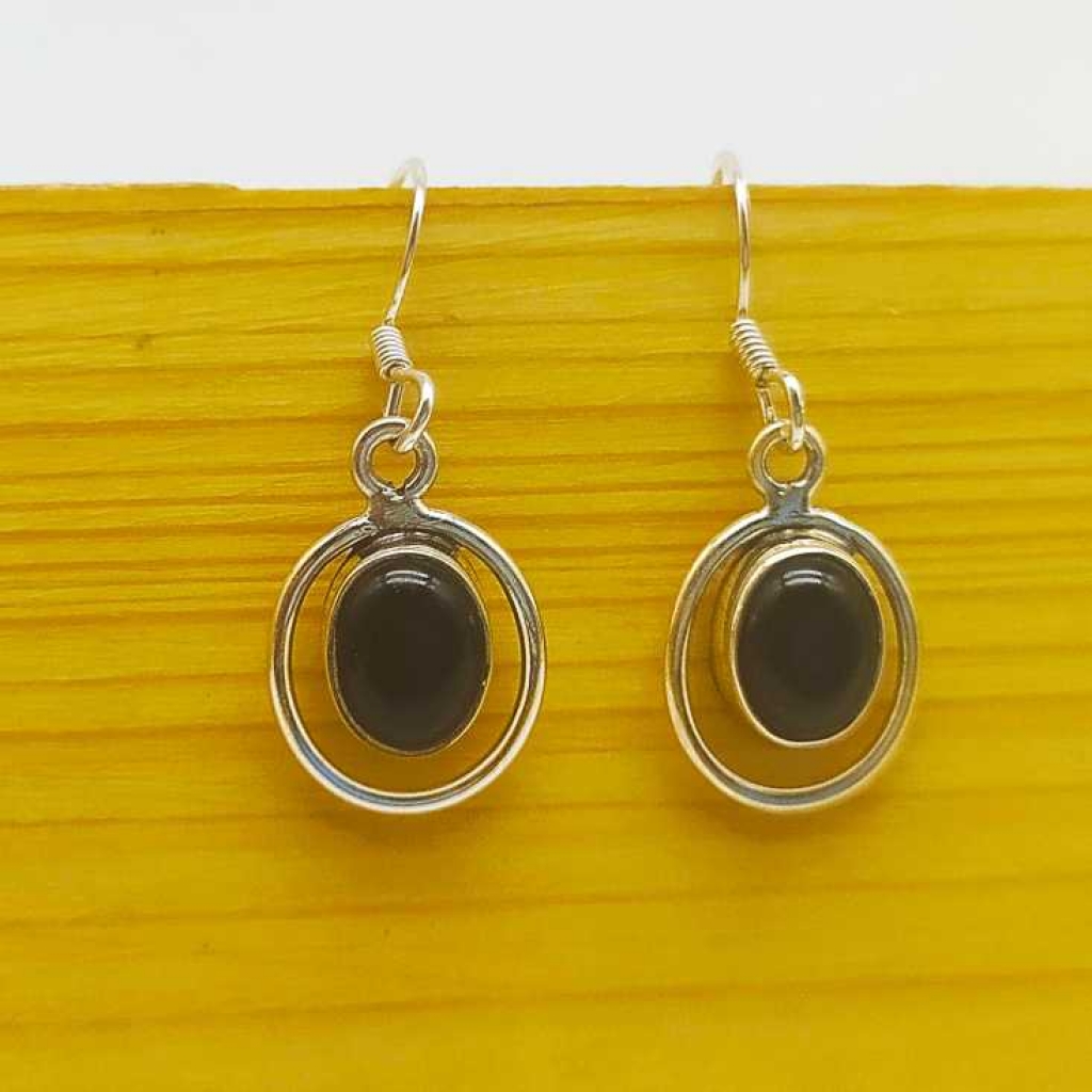 925 Sterling Silver Black Onyx Round Shape Gemstone Boho Earring