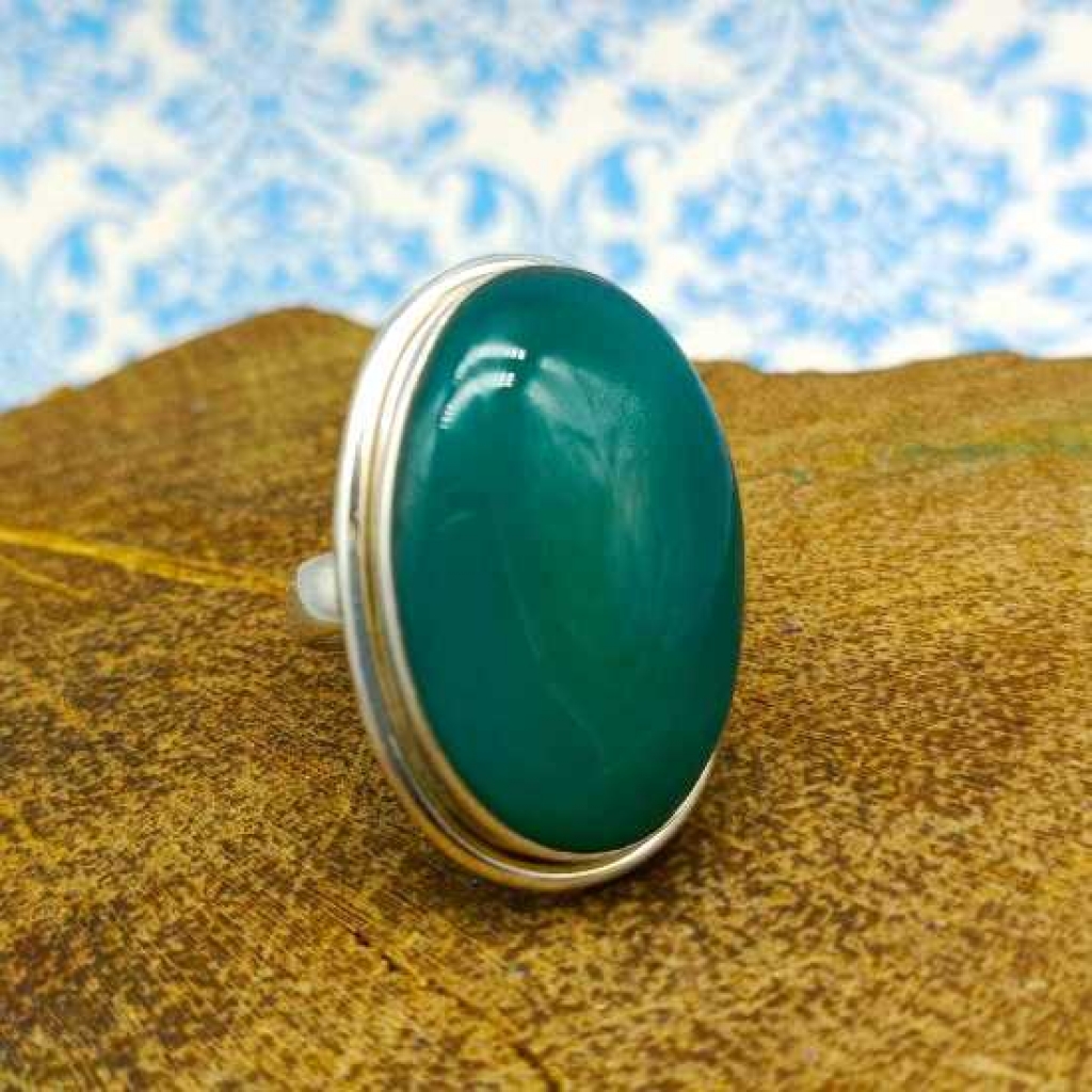 925 Sterling Silver Green Onyx Gemstone Oval Shape Handmade Ring