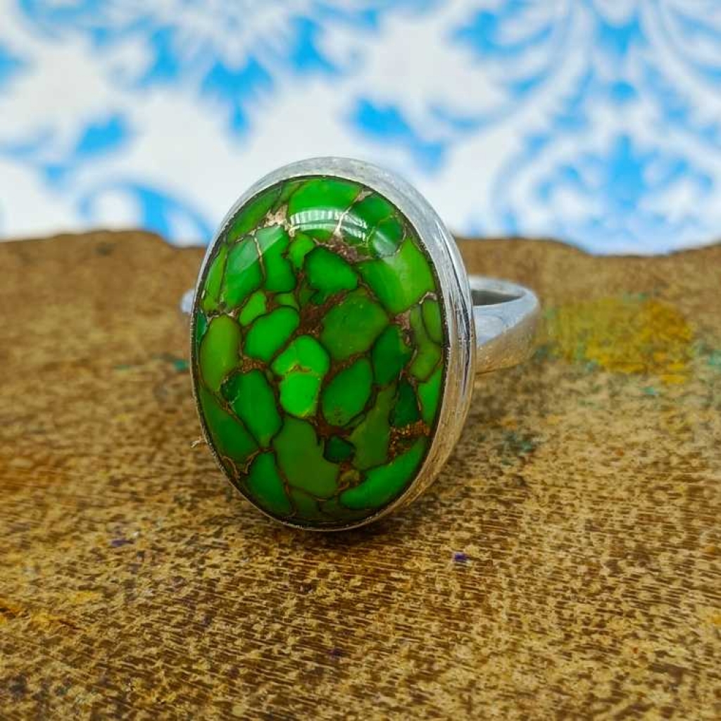 925 Sterling Silver Green Copper Turquoise Gemstone Oval Shape Handmade Boho Ring