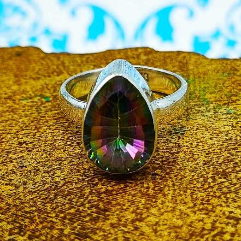 925 Sterling Silver Mystic Topaz Gemstone Pear Shape Handmade Ring Jewelry