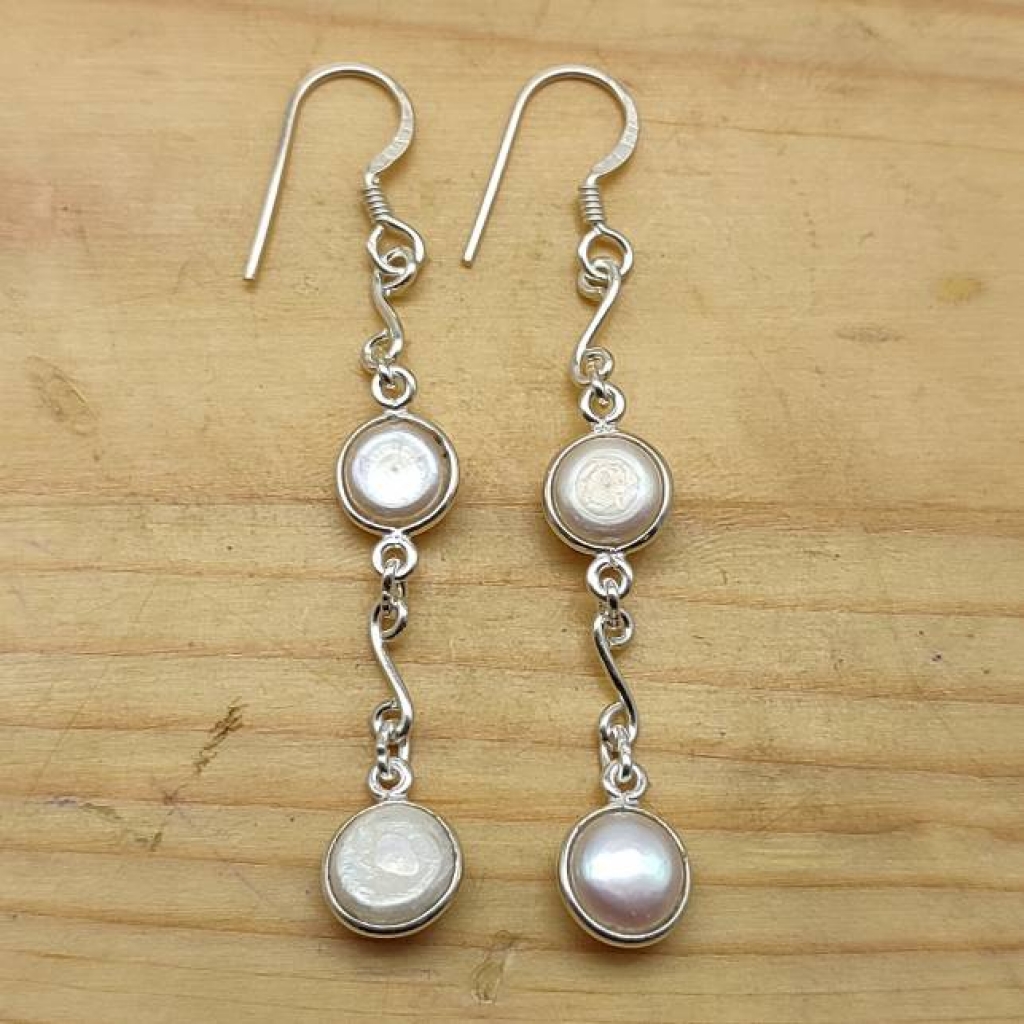 925 Sterling Silver Pearl Cabochon Long Round & Pear Shape Handmade Earring