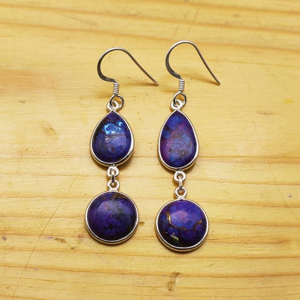925 Sterling Silver Purple Copper Turquoise Round & Drop Shape Handmade Earring Jewelry