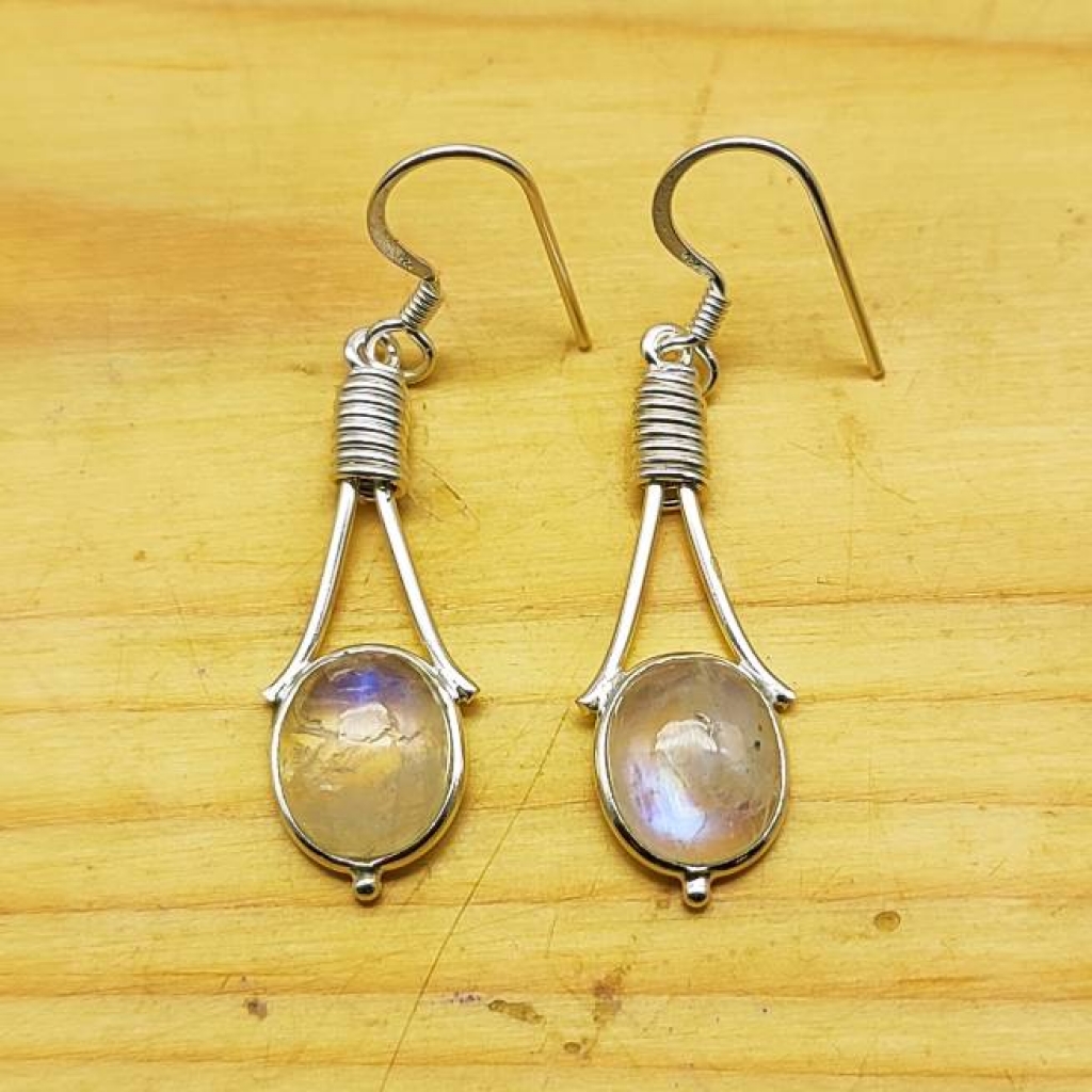 925 Sterling Silver Natural Rainbow Moonstone Pear Shape Gemstone Earring
