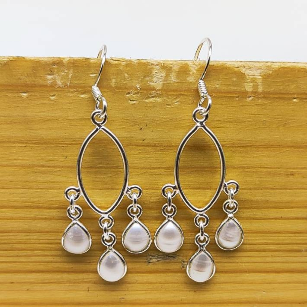 925 Sterling Silver Natural Pearl Cabochon Long Pear Shape Earring Jewelry