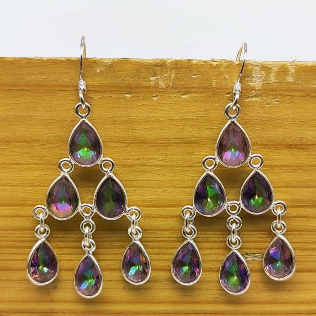 925 Sterling Silver Natural Mystic Topaz Cabochon Long Pear Shape Earring