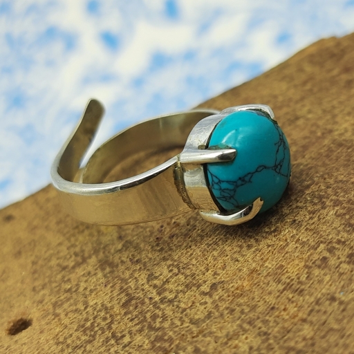 Claw Prong Setted Turquoise Gemstone Adjustable 925 Silver Handmade Bohemian Ring